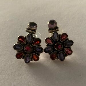 Vintage 925 Sterling Silver Floral Cluster Dark Red & Purple Gem Earrings